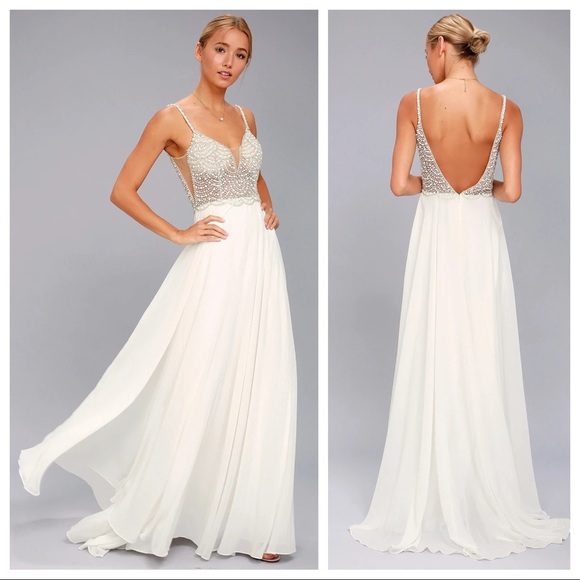 NWOT Lulus Luxe True Love White Beaded Rhinestone Maxi Dress - Picture 2 of 13